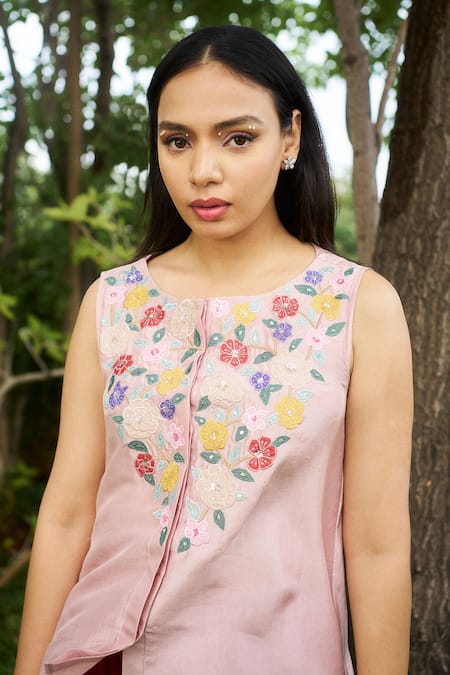 Buy_Purple Patch_Pink Silk, Modal, Satin Embroidery Round Neck Camellia Top With Flared Pant _Online_at_Aza_Fashions