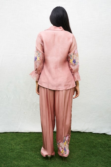 Purple Patch Carnation Embroidered Shirt With Pant 