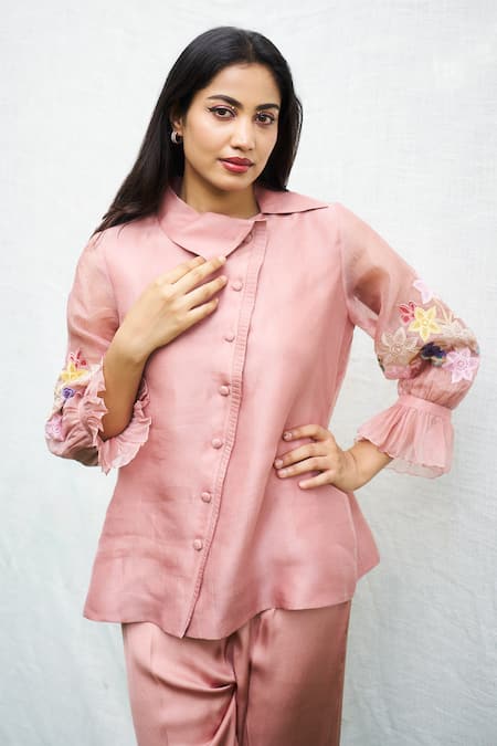 Buy Purple Patch Pink Silk Organza, Modal, Satin Embroidery Asymmetric Carnation Shirt With Pant Online at Aza Fashions Buy_Purple Patch_Pink Silk Organza, Modal, Satin Embroidery Asymmetric Carnation Shirt With Pant _Online_at_Aza_Fashions