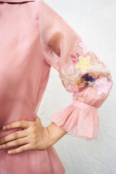 Shop Purple Patch Pink Silk Organza, Modal, Satin Embroidery Asymmetric Carnation Shirt With Pant Online at Aza Fashions Shop_Purple Patch_Pink Silk Organza, Modal, Satin Embroidery Asymmetric Carnation Shirt With Pant _Online_at_Aza_Fashions