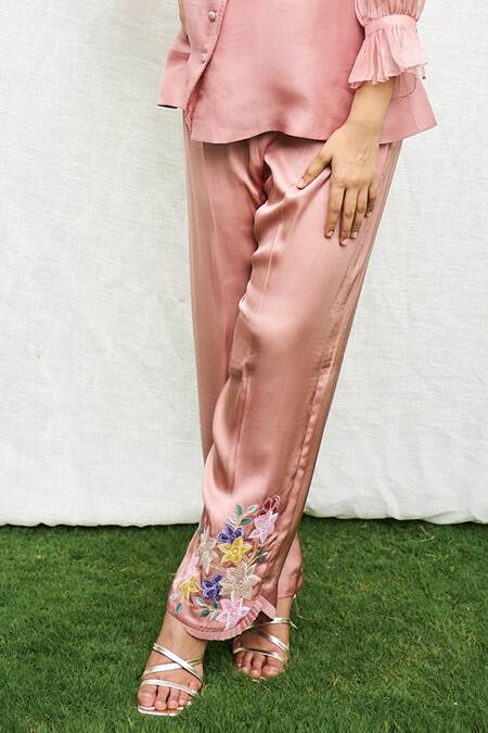 Purple Patch Pink Silk Organza, Modal, Satin Embroidery Asymmetric Carnation Shirt With Pant at Aza Fashions Purple Patch_Pink Silk Organza, Modal, Satin Embroidery Asymmetric Carnation Shirt With Pant _at_Aza_Fashions