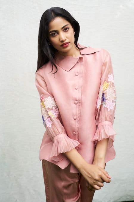 Buy Purple Patch Pink Silk Organza, Modal, Satin Embroidery Asymmetric Carnation Shirt With Pant Buy_Purple Patch_Pink Silk Organza, Modal, Satin Embroidery Asymmetric Carnation Shirt With Pant