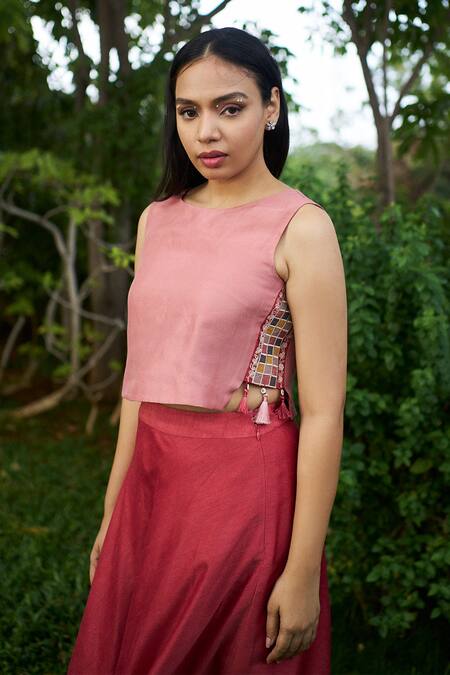 Purple Patch_Pink Organza, Tassels, Embroidery Round Cherry Blossom Top With Skirt _Online_at_Aza_Fashions