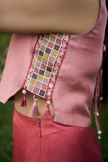 Buy_Purple Patch_Pink Organza, Tassels, Embroidery Round Cherry Blossom Top With Skirt _Online_at_Aza_Fashions