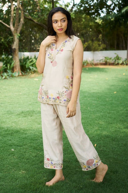 Shop_Purple Patch_Beige Silk, Chanderi Embroidery Open Neck Dhalia Top With Pant _Online_at_Aza_Fashions