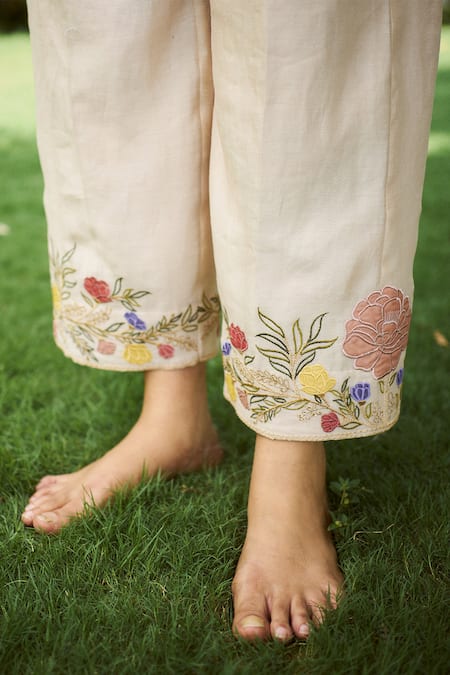 Buy_Purple Patch_Beige Silk, Chanderi Embroidery Open Neck Dhalia Top With Pant 