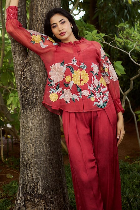 Purple Patch Fire Lily Embroidered Shirt With Pant 