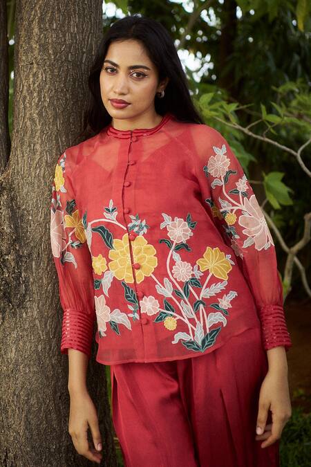 Buy Purple Patch Orange Silk Organza, Modal, Satin Embroidery Round Fire Lily Shirt With Pant Online at Aza Fashions Buy_Purple Patch_Orange Silk Organza, Modal, Satin Embroidery Round Fire Lily Shirt With Pant _Online_at_Aza_Fashions