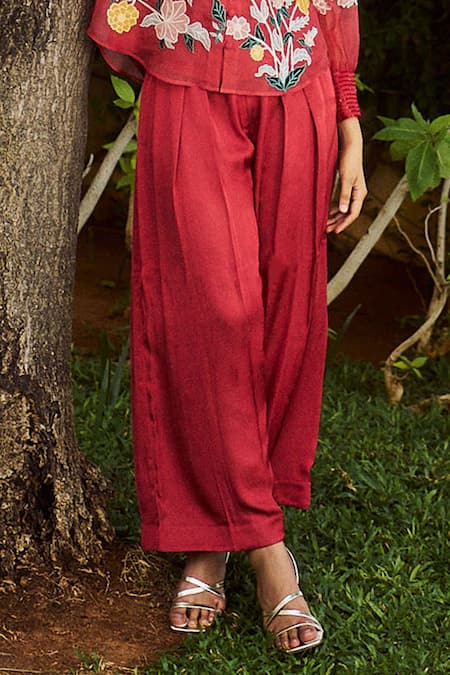 Shop Purple Patch Orange Silk Organza, Modal, Satin Embroidery Round Fire Lily Shirt With Pant Online at Aza Fashions Shop_Purple Patch_Orange Silk Organza, Modal, Satin Embroidery Round Fire Lily Shirt With Pant _Online_at_Aza_Fashions