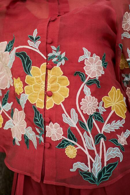 Purple Patch Orange Silk Organza, Modal, Satin Embroidery Round Fire Lily Shirt With Pant at Aza Fashions Purple Patch_Orange Silk Organza, Modal, Satin Embroidery Round Fire Lily Shirt With Pant _at_Aza_Fashions