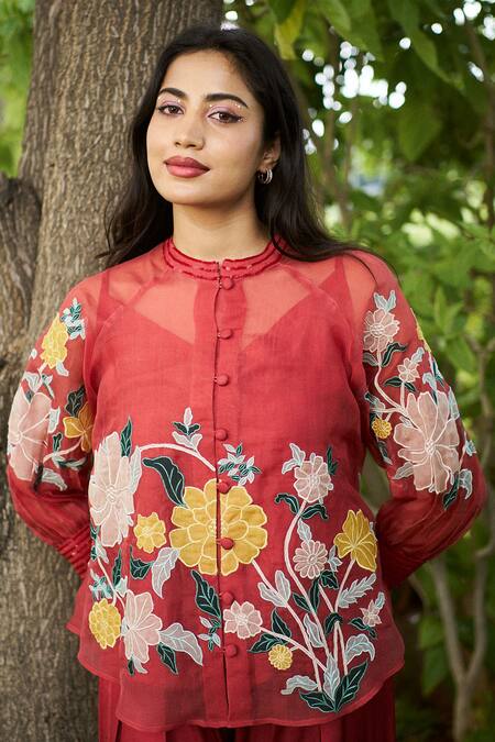 Buy Purple Patch Orange Silk Organza, Modal, Satin Embroidery Round Fire Lily Shirt With Pant Buy_Purple Patch_Orange Silk Organza, Modal, Satin Embroidery Round Fire Lily Shirt With Pant