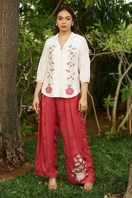 Purple Patch Hibiscus Embroidered Shirt With Pant 