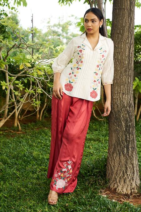 Buy Purple Patch Off White Silk Organza, Modal, Satin Embroidery Hibiscus Shirt With Pant Online at Aza Fashions Buy_Purple Patch_Off White Silk Organza, Modal, Satin Embroidery Hibiscus Shirt With Pant _Online_at_Aza_Fashions