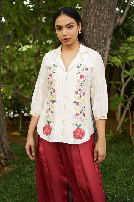 Shop Purple Patch Off White Silk Organza, Modal, Satin Embroidery Hibiscus Shirt With Pant Online at Aza Fashions Shop_Purple Patch_Off White Silk Organza, Modal, Satin Embroidery Hibiscus Shirt With Pant _Online_at_Aza_Fashions