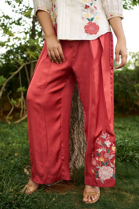 Buy Purple Patch Off White Silk Organza, Modal, Satin Embroidery Hibiscus Shirt With Pant Buy_Purple Patch_Off White Silk Organza, Modal, Satin Embroidery Hibiscus Shirt With Pant