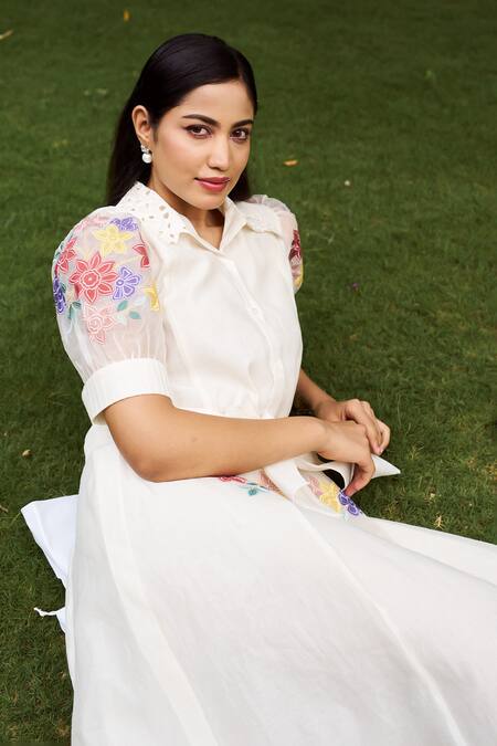 Shop_Purple Patch_Off White Chanderi, Silk Organza, Linen Embroidery Lily Floral Shirt Dress _Online_at_Aza_Fashions