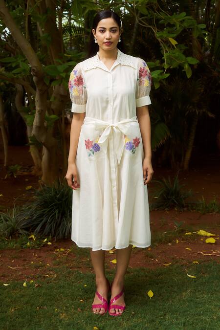 Purple Patch_Off White Chanderi, Silk Organza, Linen Embroidery Lily Floral Shirt Dress _at_Aza_Fashions