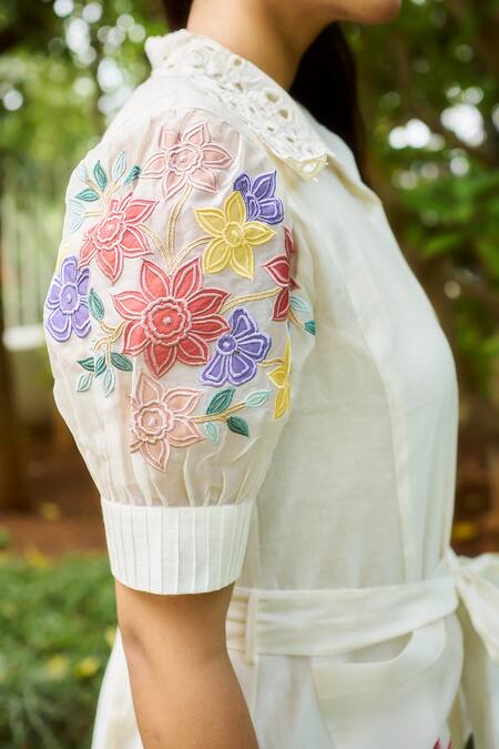 Buy_Purple Patch_Off White Chanderi, Silk Organza, Linen Embroidery Lily Floral Shirt Dress 