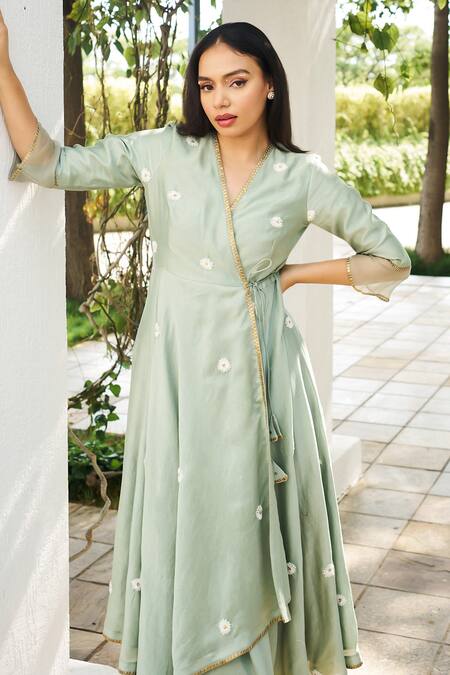 Buy Purple Patch Green Silk, Organza Embroidery, Sequins V-neck Lime Floral Angrakha Set Online at Aza Fashions Buy_Purple Patch_Green Silk, Organza Embroidery, Sequins V-neck Lime Floral Angrakha Set _Online_at_Aza_Fashions