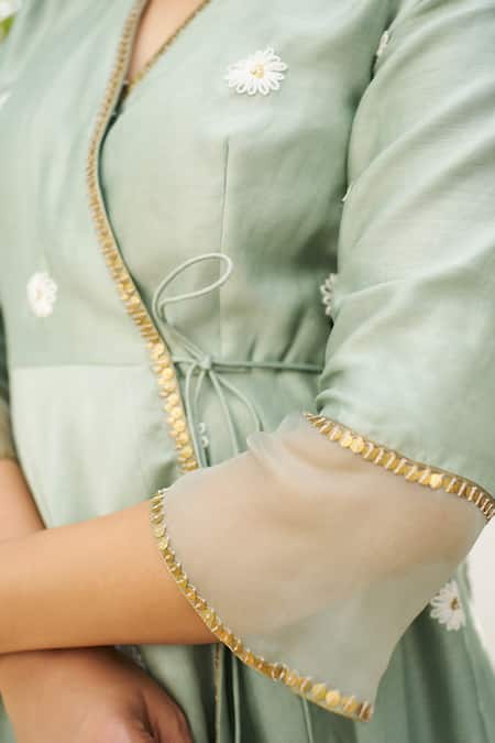 Buy Purple Patch Green Silk, Organza Embroidery, Sequins V-neck Lime Floral Angrakha Set Buy_Purple Patch_Green Silk, Organza Embroidery, Sequins V-neck Lime Floral Angrakha Set