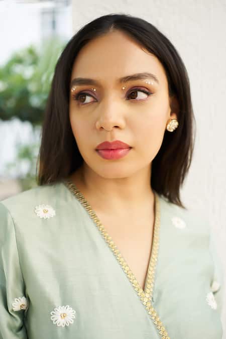 Shop Purple Patch Green Silk, Organza Embroidery, Sequins V-neck Lime Floral Angrakha Set Shop_Purple Patch_Green Silk, Organza Embroidery, Sequins V-neck Lime Floral Angrakha Set