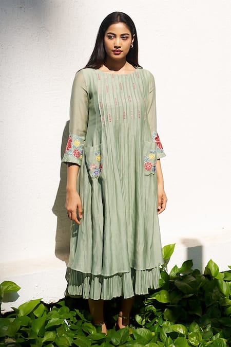 Buy Purple Patch Green Chanderi, Linen Embroidery Round Neck Mogra Midi Dress Online at Aza Fashions Buy_Purple Patch_Green Chanderi, Linen Embroidery Round Neck Mogra Midi Dress _Online_at_Aza_Fashions