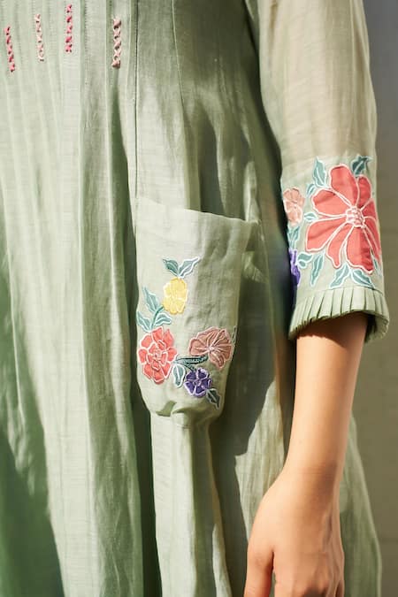 Shop Purple Patch Green Chanderi, Linen Embroidery Round Neck Mogra Midi Dress Online at Aza Fashions Shop_Purple Patch_Green Chanderi, Linen Embroidery Round Neck Mogra Midi Dress _Online_at_Aza_Fashions