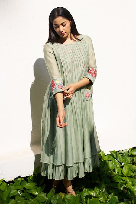 Buy Purple Patch Green Chanderi, Linen Embroidery Round Neck Mogra Midi Dress Buy_Purple Patch_Green Chanderi, Linen Embroidery Round Neck Mogra Midi Dress