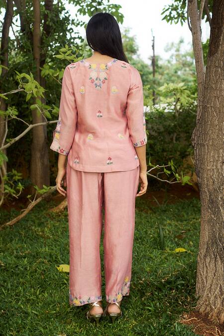 Purple Patch Petunia Embroidered Top With Pant 