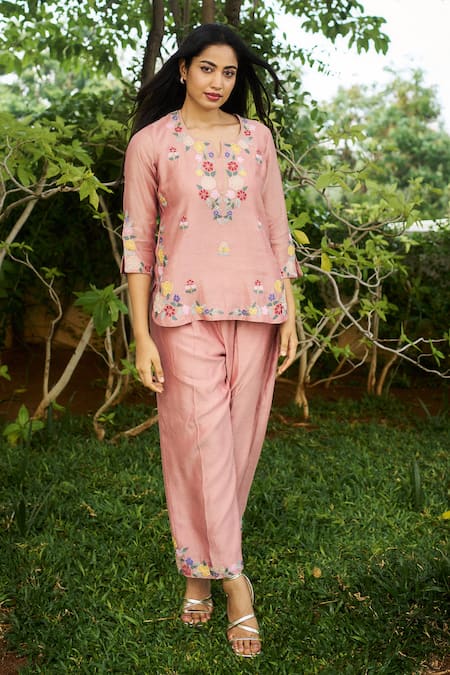Buy Purple Patch Pink Silk, Chanderi Embroidery Open Neck Petunia Top With Pant Online at Aza Fashions Buy_Purple Patch_Pink Silk, Chanderi Embroidery Open Neck Petunia Top With Pant _Online_at_Aza_Fashions