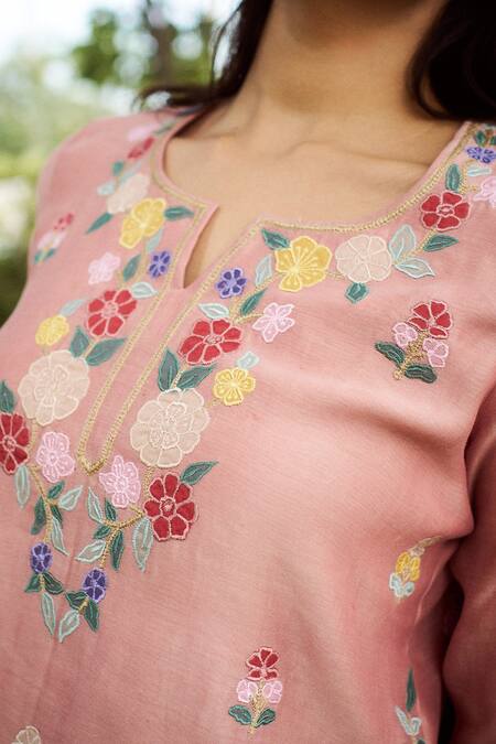 Purple Patch Pink Silk, Chanderi Embroidery Open Neck Petunia Top With Pant at Aza Fashions Purple Patch_Pink Silk, Chanderi Embroidery Open Neck Petunia Top With Pant _at_Aza_Fashions