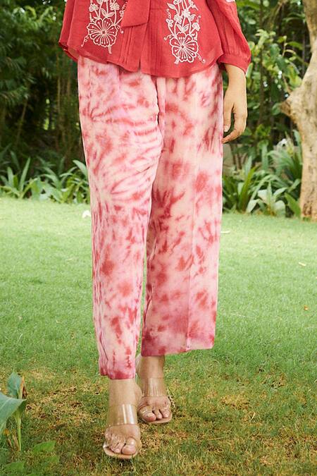 Shop_Purple Patch_Orange Georgette Embroidery Round Neck Poppy Top With Pant _Online_at_Aza_Fashions