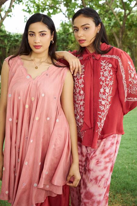 Shop_Purple Patch_Orange Georgette Embroidery Round Neck Poppy Top With Pant 