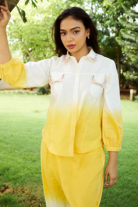 Purple Patch_Off White Handloom Cotton Embroidery Collared Sun Flower Shirt With Pant _Online_at_Aza_Fashions