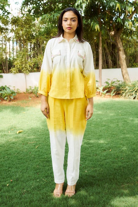 Purple Patch_Off White Handloom Cotton Embroidery Collared Sun Flower Shirt With Pant _at_Aza_Fashions