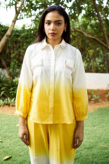 Buy_Purple Patch_Off White Handloom Cotton Embroidery Collared Sun Flower Shirt With Pant 
