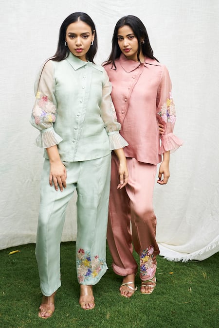 Buy_Purple Patch_Green Silk Organza Embroidery Asymmetric Tube Rose Shirt With Pant _Online_at_Aza_Fashions
