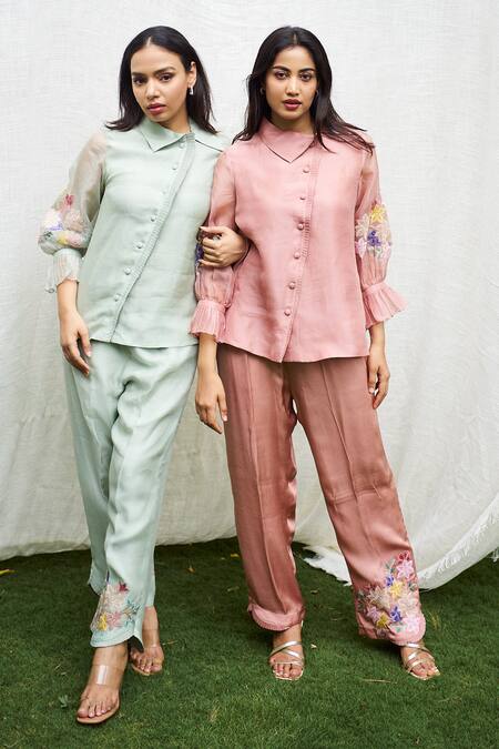 Shop_Purple Patch_Green Silk Organza Embroidery Asymmetric Tube Rose Shirt With Pant _Online_at_Aza_Fashions