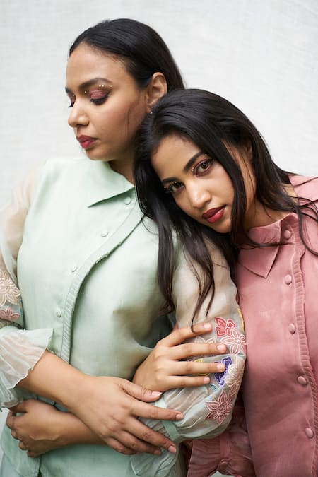 Purple Patch_Green Silk Organza Embroidery Asymmetric Tube Rose Shirt With Pant _at_Aza_Fashions