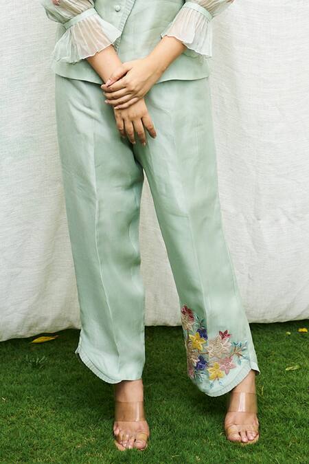 Buy_Purple Patch_Green Silk Organza Embroidery Asymmetric Tube Rose Shirt With Pant 