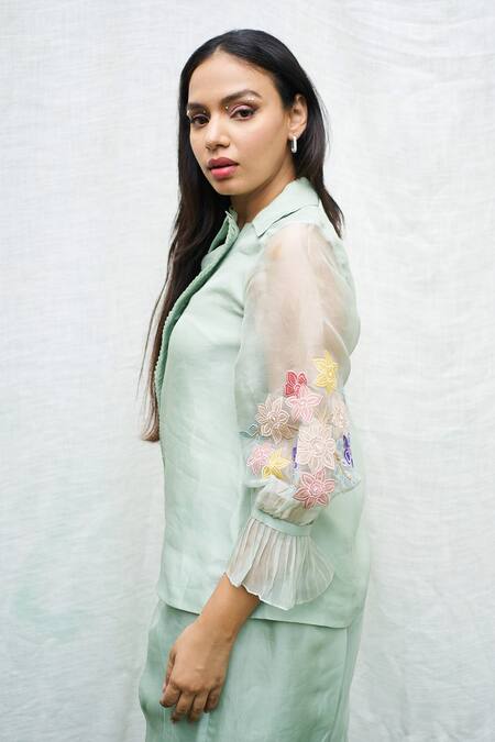 Shop_Purple Patch_Green Silk Organza Embroidery Asymmetric Tube Rose Shirt With Pant 