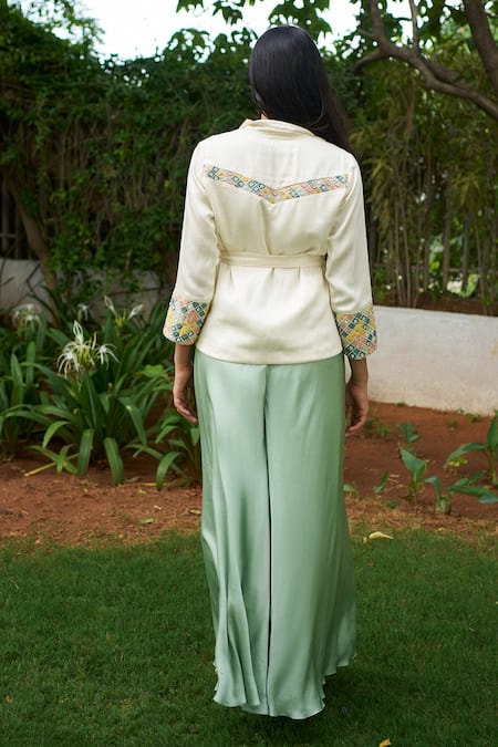 Purple Patch Tulip Embroidered Peplum Top With Flared Pant 