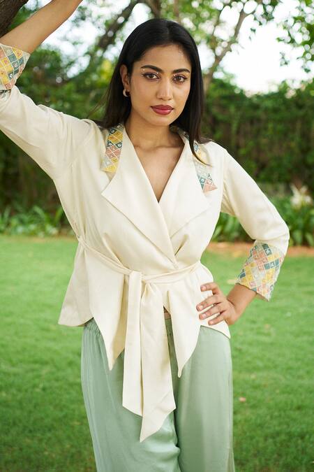 Shop_Purple Patch_Off White Modal, Satin Embroidery Collared Tulip Peplum Top With Pant _Online_at_Aza_Fashions