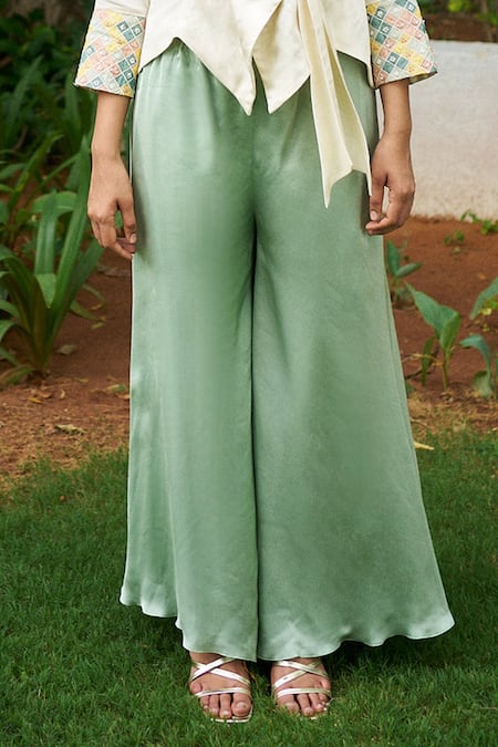 Purple Patch_Off White Modal, Satin Embroidery Collared Tulip Peplum Top With Pant _at_Aza_Fashions