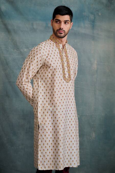 Krishna Mehta_Maroon Tussar, Cotton Zari Butti Block Print Kurta With Churidar _Online_at_Aza_Fashions