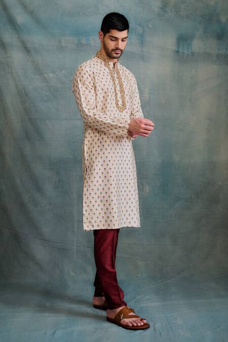 Buy_Krishna Mehta_Maroon Tussar, Cotton Zari Butti Block Print Kurta With Churidar _Online_at_Aza_Fashions