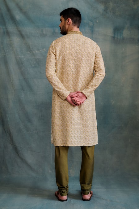 Shop Krishna Mehta Beige Tussar, Cotton Zari Jaal Block Print Kurta With Churidar at Aza Fashions Shop_Krishna Mehta_Beige Tussar, Cotton Zari Jaal Block Print Kurta With Churidar _at_Aza_Fashions