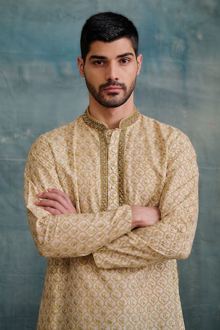 Krishna Mehta Beige Tussar, Cotton Zari Jaal Block Print Kurta With Churidar Online at Aza Fashions Krishna Mehta_Beige Tussar, Cotton Zari Jaal Block Print Kurta With Churidar _Online_at_Aza_Fashions