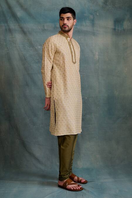 Buy Krishna Mehta Beige Tussar, Cotton Zari Jaal Block Print Kurta With Churidar Online at Aza Fashions Buy_Krishna Mehta_Beige Tussar, Cotton Zari Jaal Block Print Kurta With Churidar _Online_at_Aza_Fashions