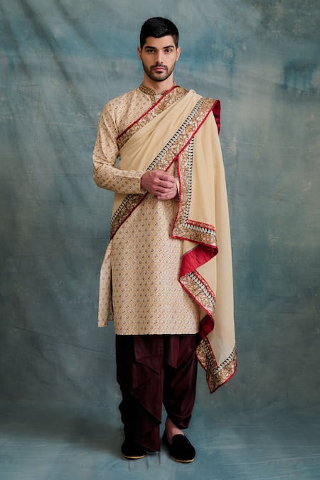 Krishna Mehta Maroon Tussar Embroidery Jaal Block Print Kurta With Dhoti Pant Online at Aza Fashions Krishna Mehta_Maroon Tussar Embroidery Jaal Block Print Kurta With Dhoti Pant _Online_at_Aza_Fashions
